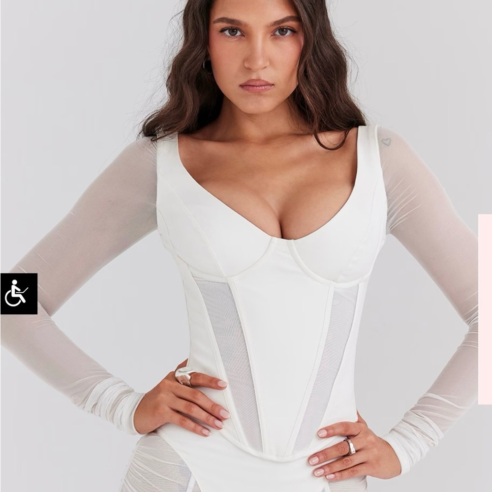 HOUSE OF CB 'Araminta' White Long Sleeve Mesh Corset NWT small bigger cup